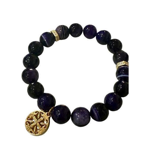 Rustic Cuff PURPLE ONYX BEADS w/ Gold accents & logo Stretch Stacking Bracelet - Picture 6 of 12